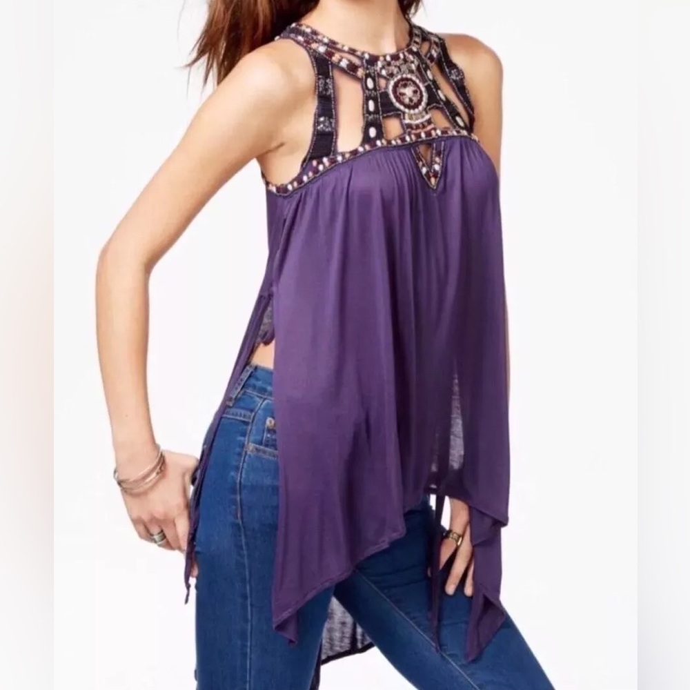 Free People high low tunic tank top beach cover Hippy dress vision quest beaded